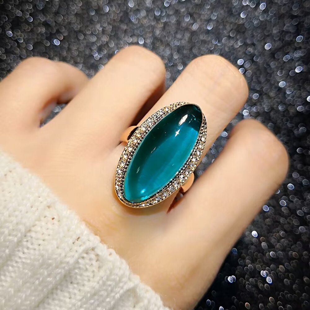 Classic Rose Gold Green Crystal CZ Zircon Oval Ring